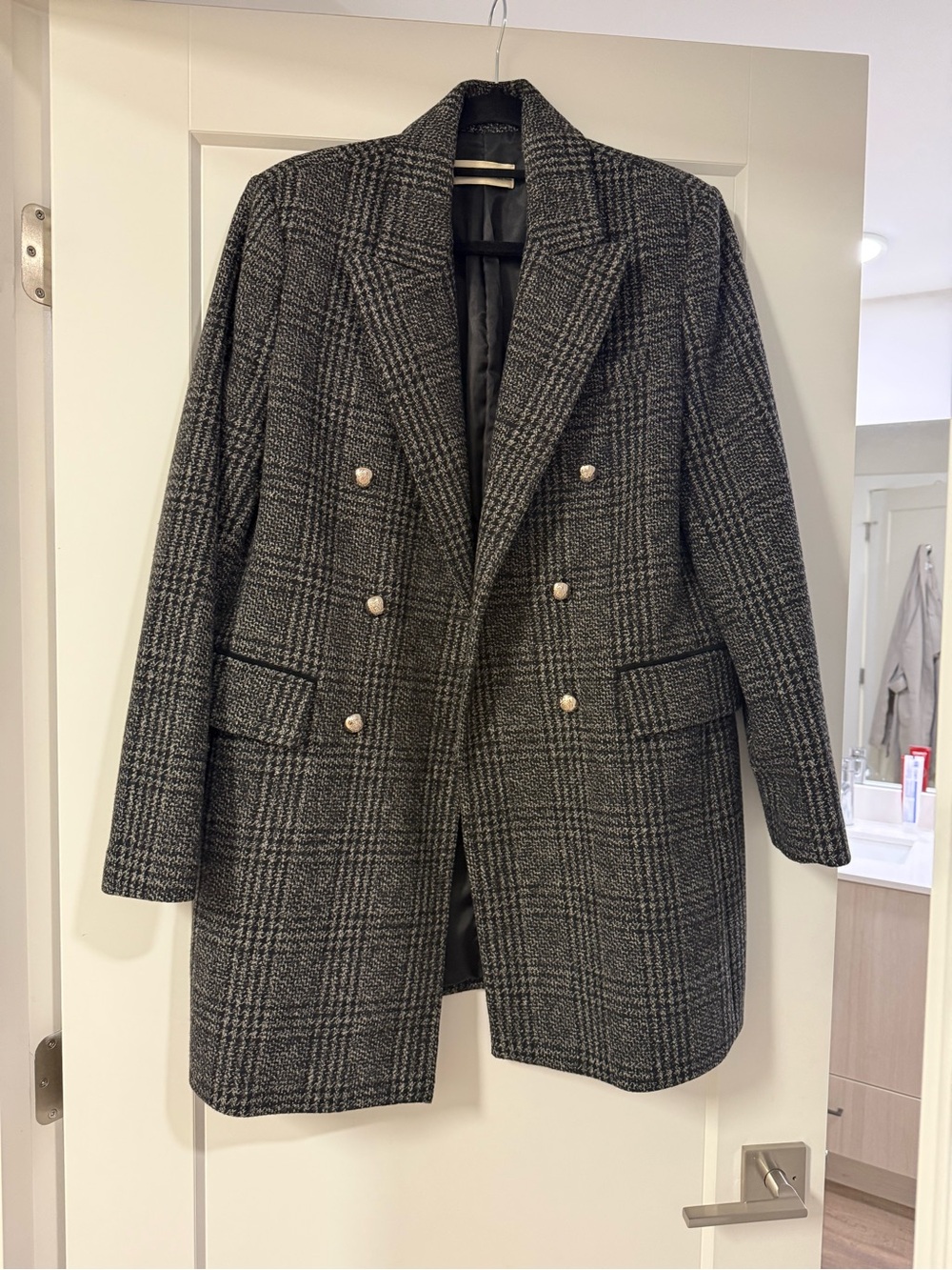 Mango Double-Breasted Glen Plaid Blazer Jacket - Black & Grey